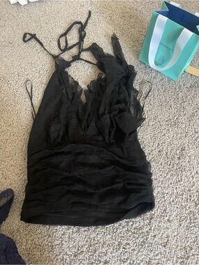 Isaia Black Lace Halter Ruched Camisole